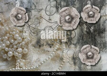 3d wallpaper, jewelry flowers, pearls on lace and concrete wall background. Murals effect. Stock Photo