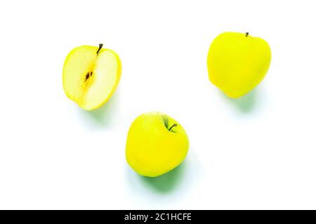 Three yellow green apples isolated on white background, top view Stock Photo