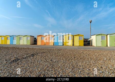 Colorful beach cabins seen in Seaford, England Stock Photo
