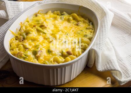 Pasta bake close up - Creamy macaroni, cheese, green pepper and bacon background Stock Photo