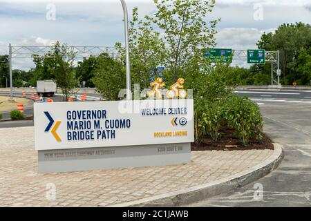 Tarrytown, NY - June 15, 2020: View of the entrance to Rockland landing welcome center of Mario Cuomo Bridge in Tarrytown. Stock Photo