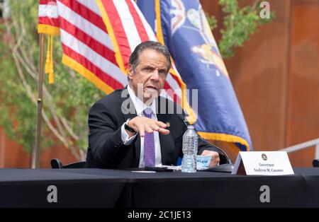 Tarrytown, NY - June 15, 2020: Governor Andrew Cuomo holds daily press briefing at the Westchester landing of Mario Cuomo Bridge in Tarrytown. Stock Photo