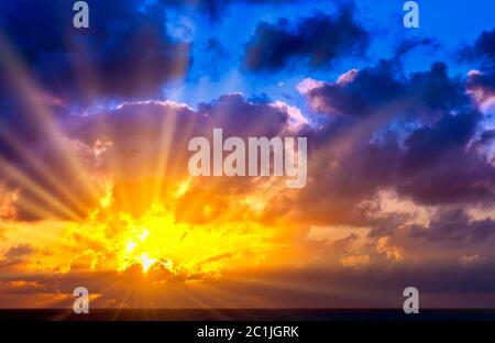Dramatic sunrise over Atlantic Ocean before storm - Lanzarote, Canary Islands, Spain Stock Photo