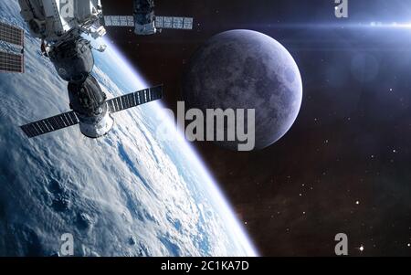 Planet Earth, Moon, ISS. Solar system. Science fiction Stock Photo