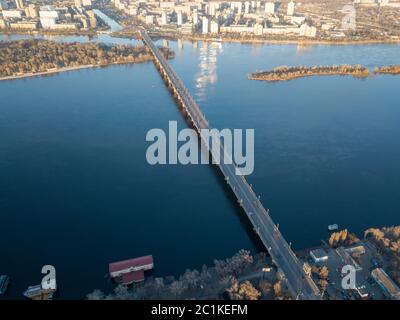 Aerial view from the drone to the Patona Bridge, Dnieper River in the city of Kiev, Ukraine Stock Photo