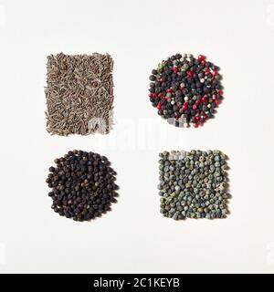 Spices pattern of different kinds of pepper in geometric form of square, round -black, green, red, white and herb cumin on a whi Stock Photo