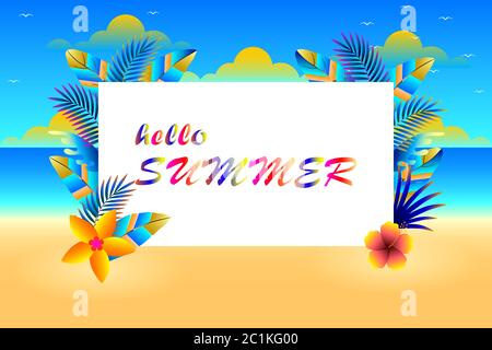 Hello summer, tropical leaves background at the beach Stock Vector