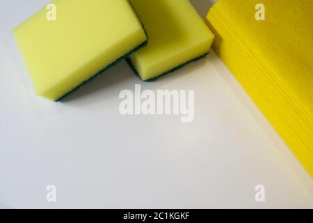 Yellow Sponges For Washing Utensils On A White Background Stock