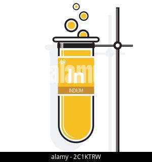 Indium symbol on label in a yellow test tube with holder. Element number 49 of the Periodic Table of the Elements - Chemistry Stock Vector