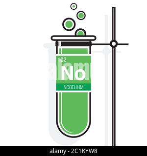 Nobelium symbol on label in a green test tube with holder. Element number 102 of the Periodic Table of the Elements - Chemistry Stock Vector