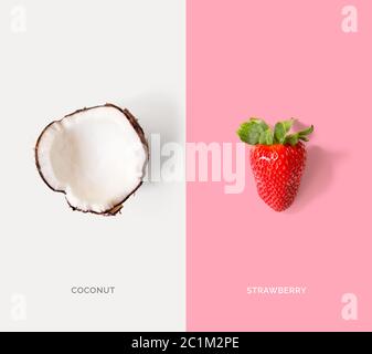 Creative layout made of coconuts and strawberry. Flat lay. Food concept. Stock Photo