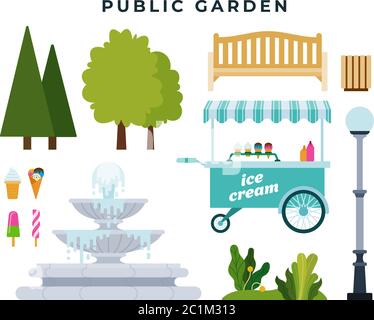 Public garden or park constructor. Set of different park elements trees, bushes, bench, fountain and other objects. Vector illustration. Stock Vector