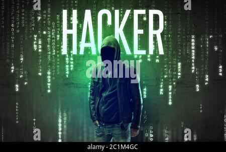 Faceless hacker with HACKER inscription, hacking concept Stock Photo