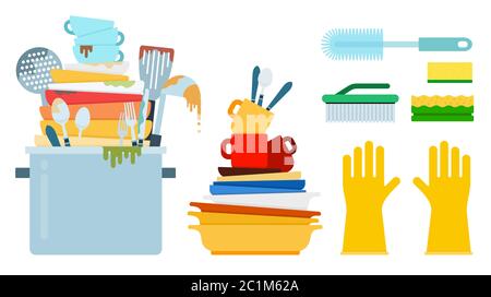 Dirty dishes, plates with washing sponges and gloves vector illustration in flat design. Stock Vector