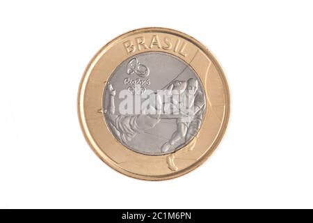 SAO PAULO, BRAZIL - OCTOBER 28, 2016 - Commemorative brazilian 1 Real coin - olympic games - white background Stock Photo