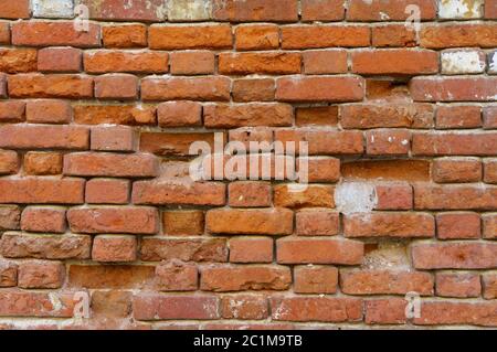 Background of old vintage dirty brick wall with peeling plaster, texture Stock Photo