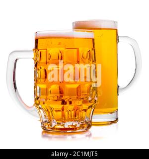 Two Mugs of fresh beer with cap foam Stock Photo
