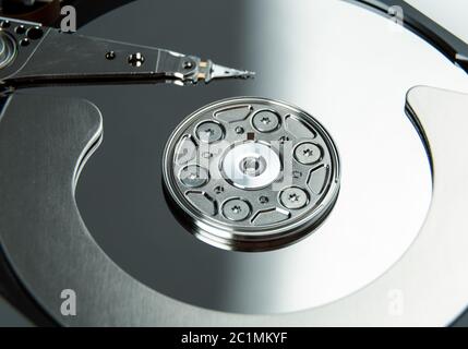 Close up of open computer hard disk drive HDD Stock Photo