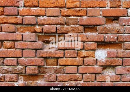 Background of old vintage dirty brick wall with peeling plaster, texture Stock Photo