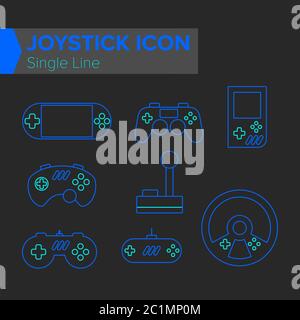 Video game equipment such as joysticks, steering wheel, and classic controller. Digital gaming graphic resources in two color set. Stock Vector