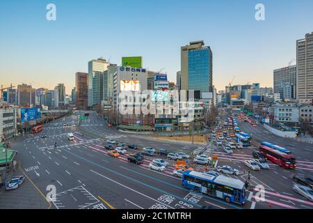 Traffic with cityscape skyline in Seoul city, South Korea Stock Photo