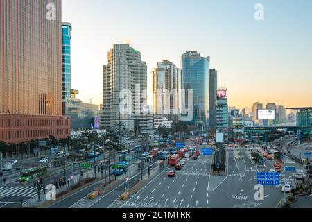 Traffic with cityscape skyline in Seoul city, South Korea Stock Photo