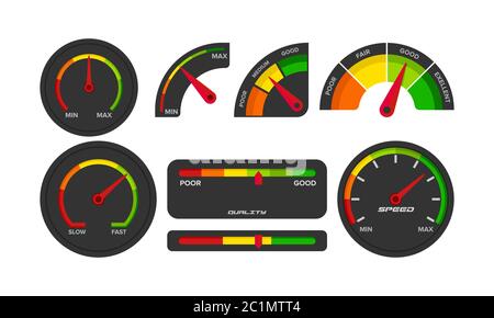 Simple flat minimalist dark mode gauge meter set. Illustration of internet speed quality meter. Multi color Measurement speed gauge indicator Stock Vector