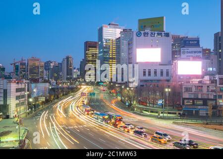 Traffic with cityscape skyline in Seoul city, South Korea Stock Photo