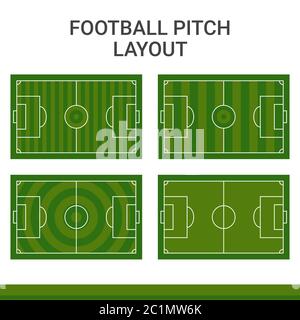 Illustration of a soccer field with a variety of grass patterns. A football game field with a penalty box, center line, and corner kick spot. Stock Vector