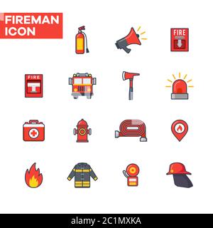 Flat icon of fire extinguisher, alarm and fire fighting equipment. Fireman icon set with bold lines. Fire fighter graphic resources. Stock Vector