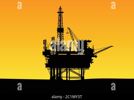 silhouette of an offshore oil drilling construction with high towers and crane. Suitable for gas and energy company background design template. Stock Vector