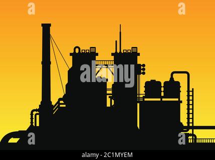 Silhouette of a manufacture factory building with towers, tubes and production pipes for chemical industry Stock Vector