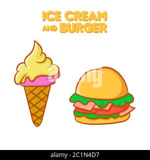 Vector illustration of a delicious ice cream and burger. Fast food in cartoon hand drawn style with bright colors graphic resources Stock Vector