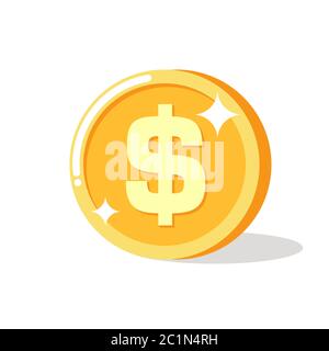 sparkling dollar coin gold icon in a flat and simple cartoon style. Suitable for element design of finance illustration concept Stock Vector