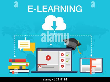 Vector illustration of online learning. Suitable for promotion of E-Learning services, distance teaching, and learning web backgrounds. Stock Vector