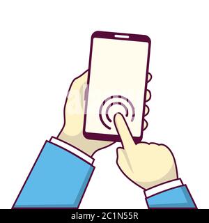 illustration of the hands of a smartphone user who is pressing the touch screen. Suitable for vector illustration of smartphone technology usage. Stock Vector