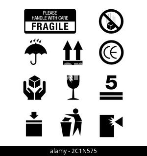 collection of warning signs on cardboard boxes or packaging of goods such as fragile cargo, maximum piles, avoidance of water, and others. Box warning Stock Vector