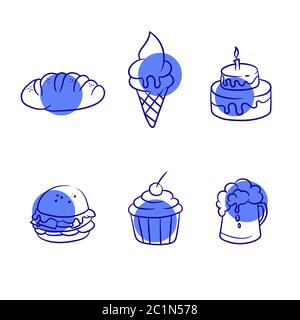 Hand drawing icon of food and drink like ice cream, cupcake and burger. Simple line food icon with a solid background. Snacks and soft drinks icon set Stock Vector
