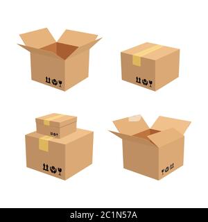 Vector illustration of cardboard still sealed, open and stacked. Suitable for illustration of cargo shipping, online cargo delivery, and packaging Stock Vector