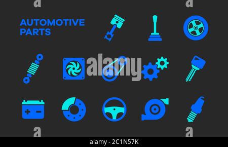 Flat and simple icons of automotive components. Line icons from automotive parts in two different colors. Automotive graphic resources element. Stock Vector