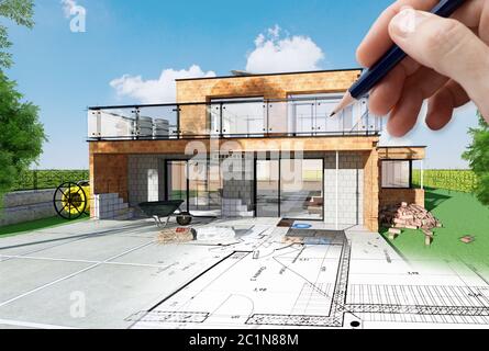 3D rendering of a modern house under construction with a pen Stock Photo
