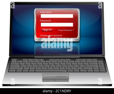 Laptop Computer with red Login Screen on blue desktop - 3D illustration Stock Photo