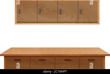 wooden tabble and wooden cabinet in the white kidchen Stock Vector