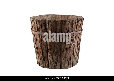 Vintage wooden flowerpot isolated on white background with clipping path Stock Photo