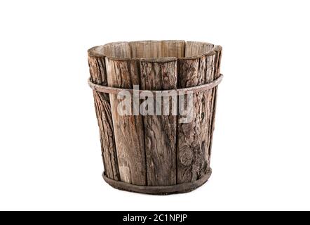Vintage wooden flowerpot isolated on white background with clipping path Stock Photo