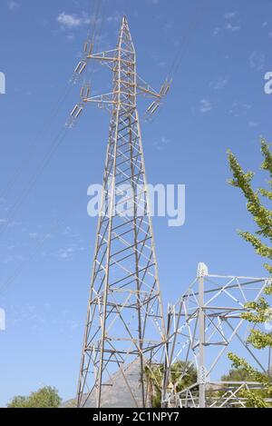 High voltage power line in the province of Alicante, Costa Blanca, Spain Stock Photo