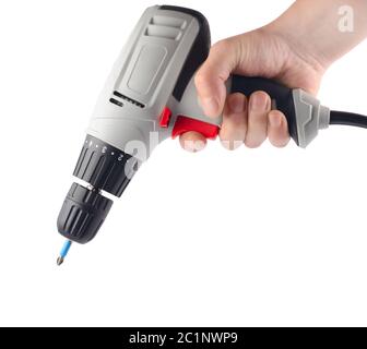 Screwdriver in a man's hand isolated on white Stock Photo