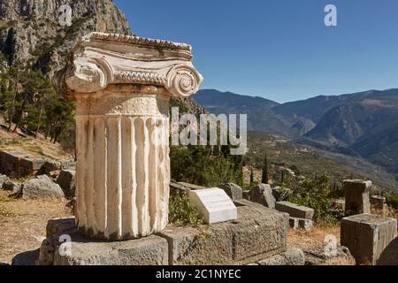 The ancient Greek column in Delphi, Greece. Stock Photo