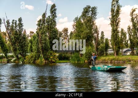 Xochimilco, CDMX. Mexico. June 14 2020. Panoramic view of the canals or channels of Xochimilco along the floating gardens or Chinampas in Mexico City