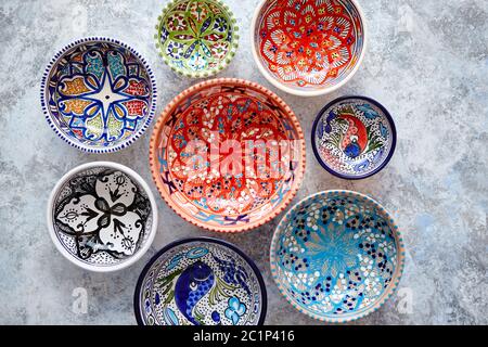 Collection of empty moroccan colorful decorative ceramic bowls Stock Photo